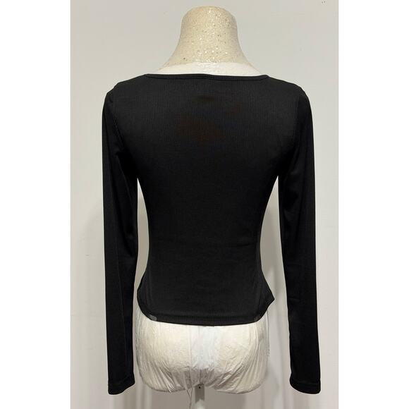 Romwe Womens Ribbed Knit Ruched, Lace Trim Top sz S Career Office Black Y2K - Picture 2 of 4